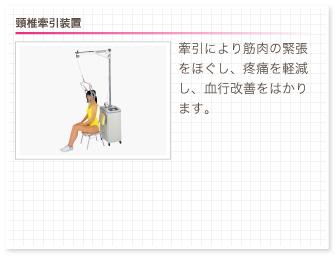 頸椎牽引装置。牽引により筋肉の緊張をほぐし、疼痛を軽減し、血行改善をはかります。