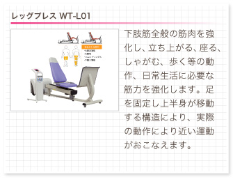 レッグプレス WT-L01。下肢筋全般の筋肉を強化し、立ち上がる、座る、しゃがむ、歩く等の動作、日常生活に必要な筋力を強化します。足を固定し上半身が移動する構造により、実際の動作により近い運動がおこなえます。