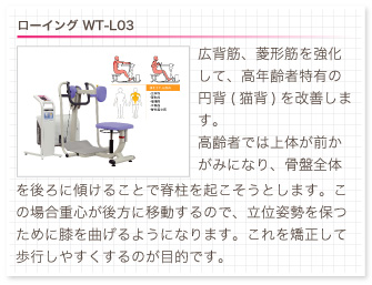 ローイング WT-L03。広背筋、菱形筋を強化して、高年齢者特有の円背(猫背)を改善します。高齢者では上体が前かがみになり、骨盤全体を後ろに傾けることで脊柱を起こそうとします。この場合重心が後方に移動するので、立位姿勢を保つために膝を曲げるようになります。これを矯正して歩行しやすくするのが目的です。